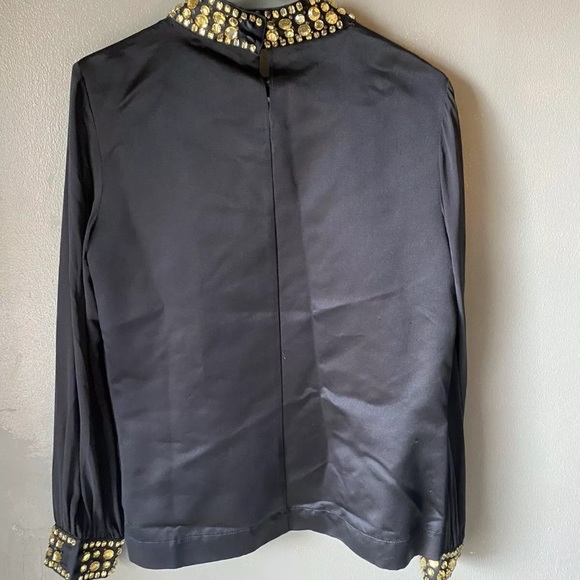 Red Valentino Silk Long Sleeve Black Top W/ Gold Embellished Collar &Wrist Decor - Picture 2 of 6